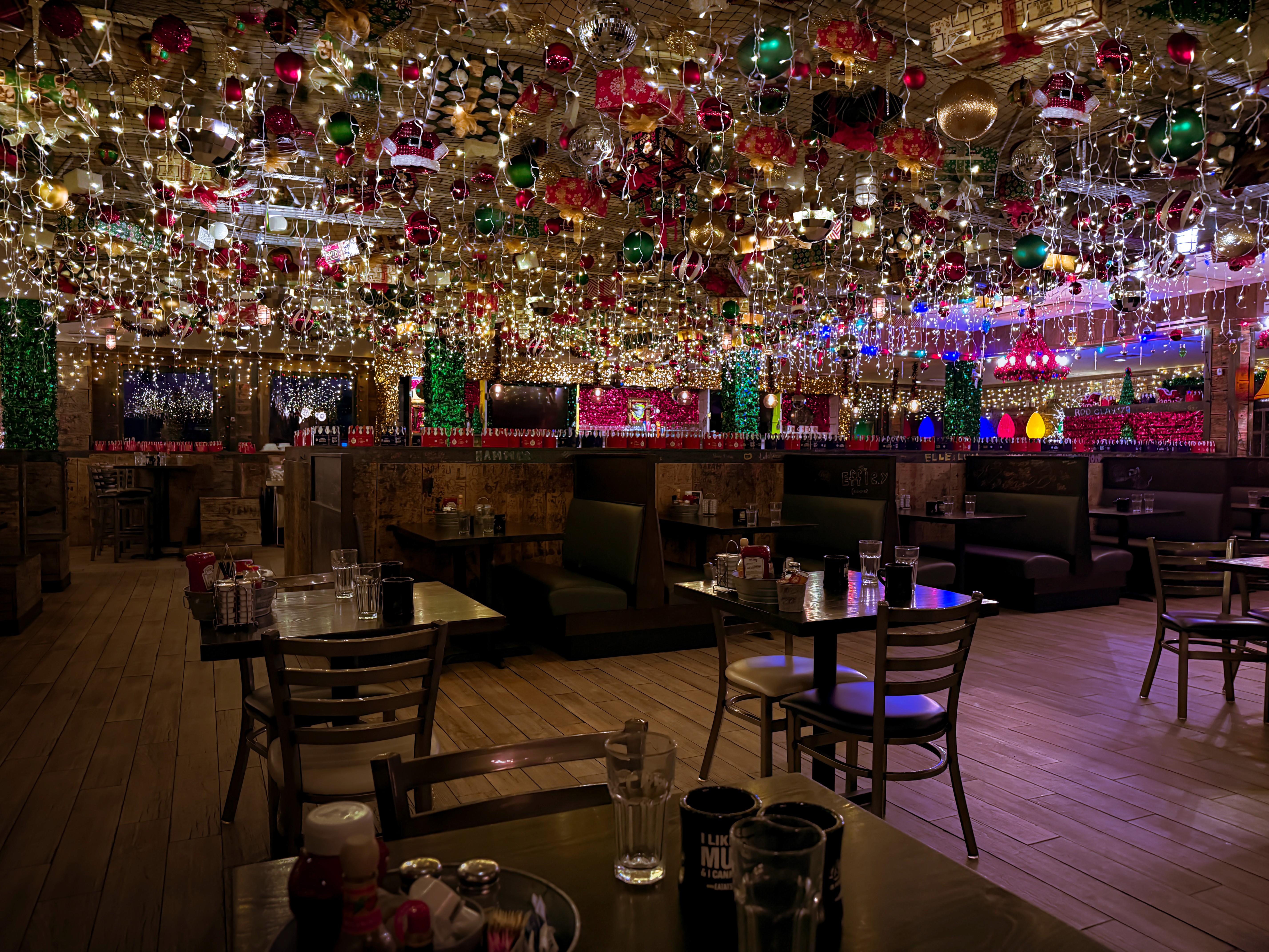 Shack the Halls interior packed with hanging ornaments and Christmas lights