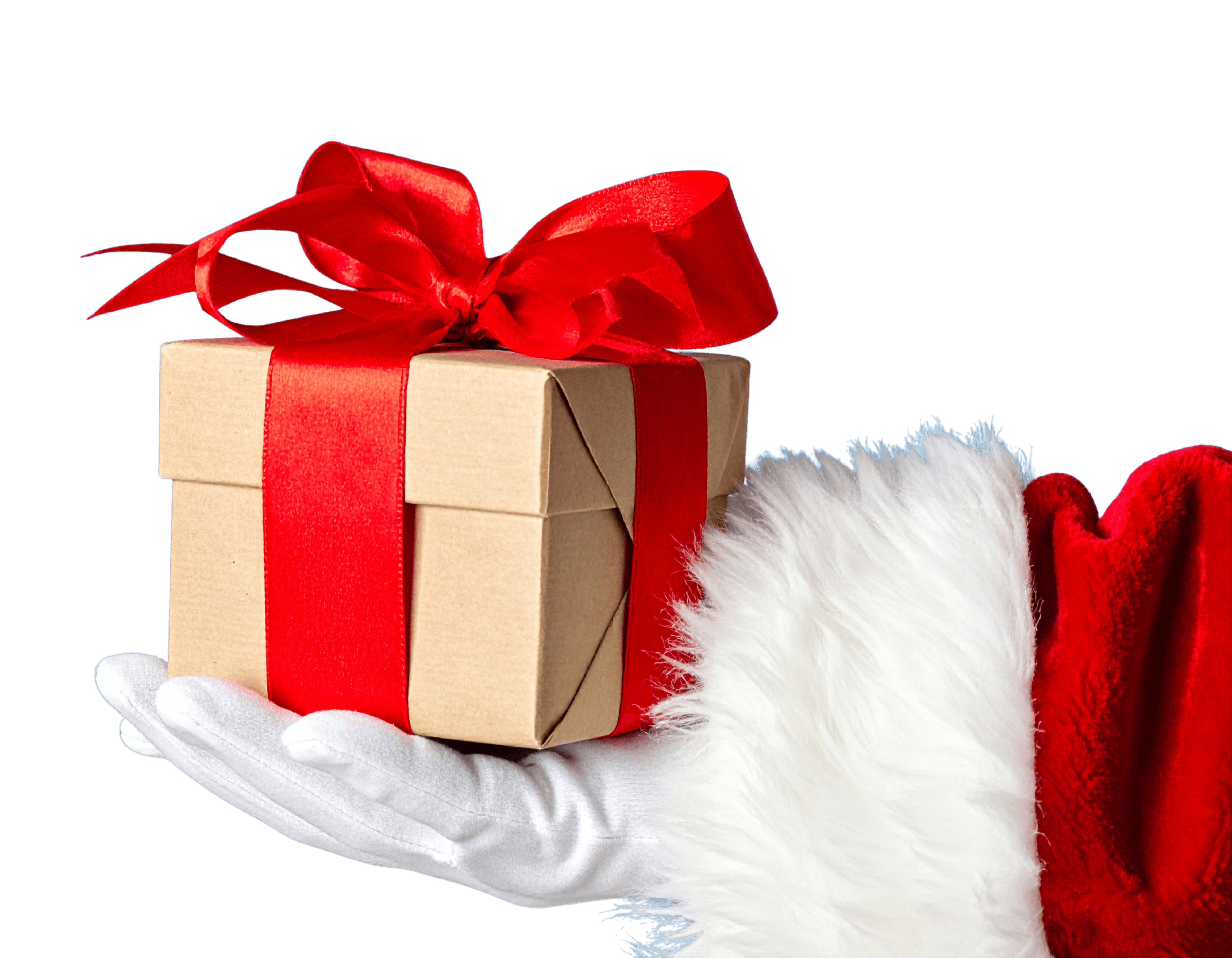 Santa's gloved hand holding a wrapped gift