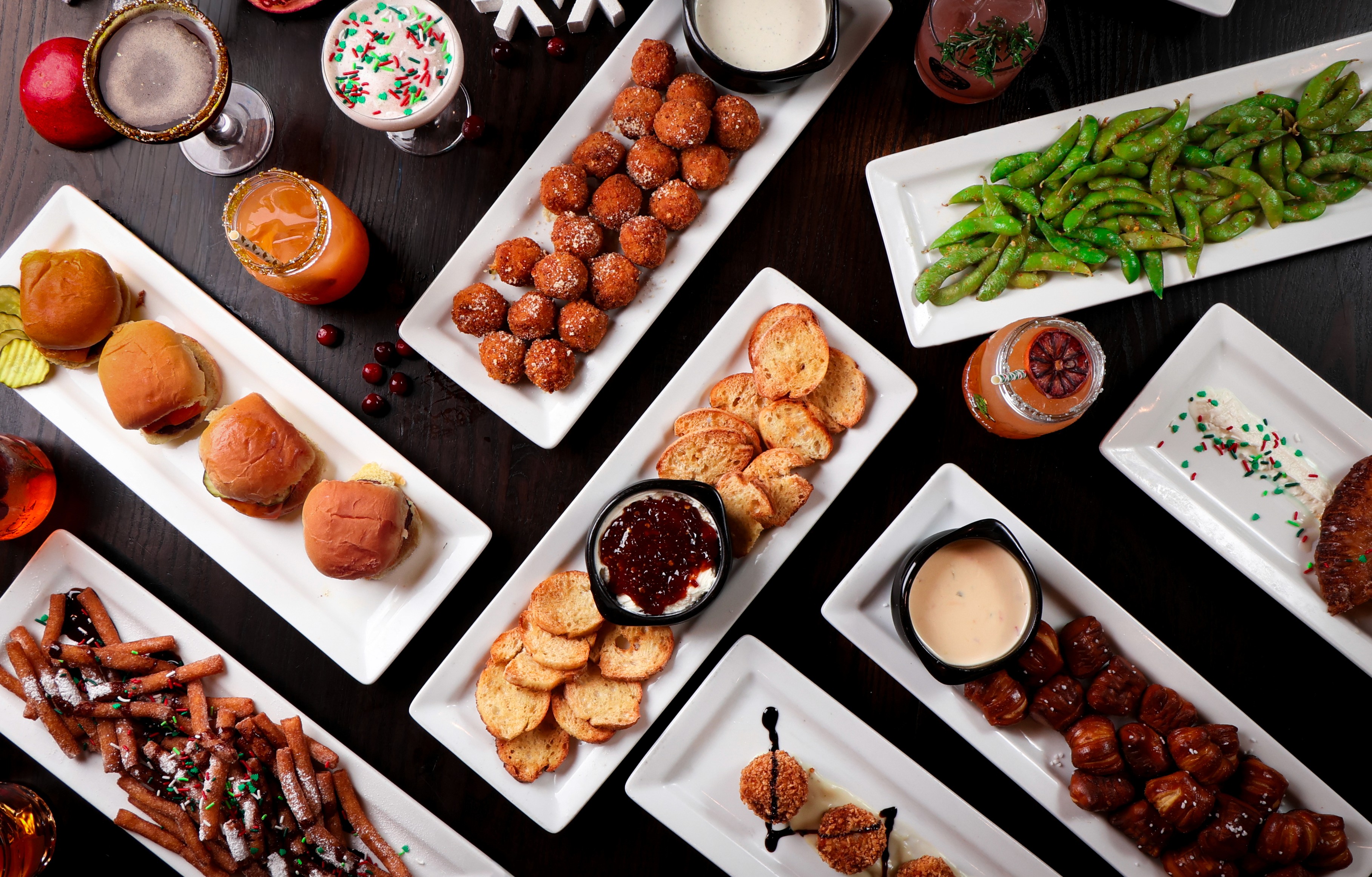 A spread of holiday shareables on the bar