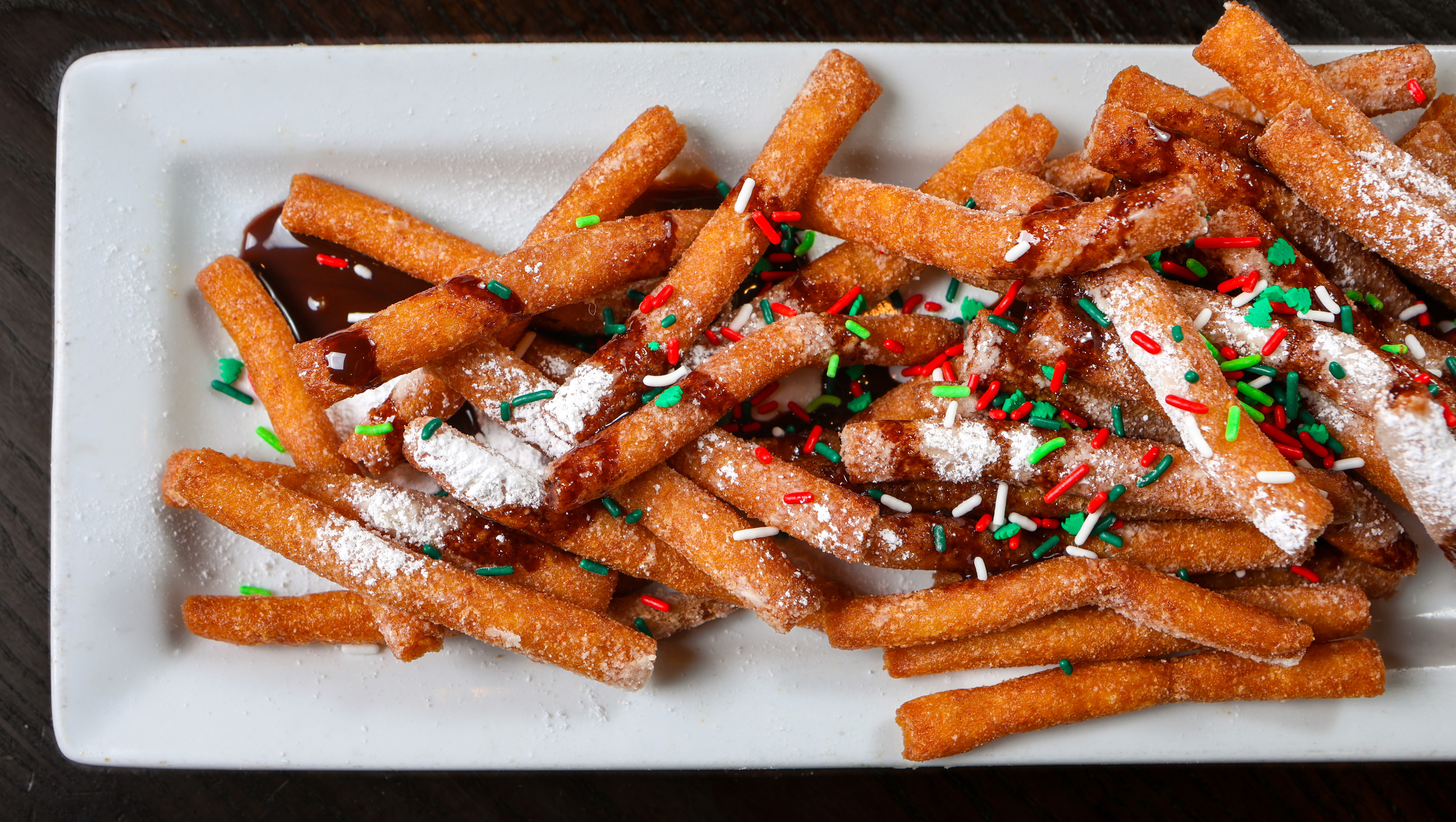 Christmas funnel fries with red and green sprinkles
